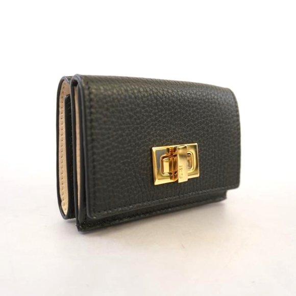 NWT Fendi Selleria Tri Fold Black Leather Micro Wallet Billfold Gold COA 8M0415 - Picture 9 of 13